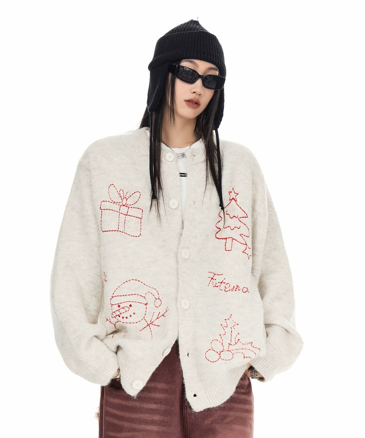 ICH MODE 美式复古圣诞针织毛衣开衫女2025新款秋冬休闲毛衣外套