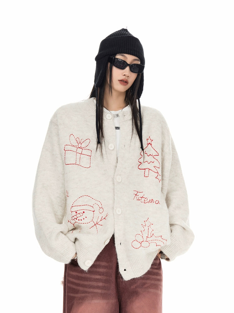 ICH MODE 美式复古圣诞针织毛衣开衫女2025新款秋冬休闲毛衣外套