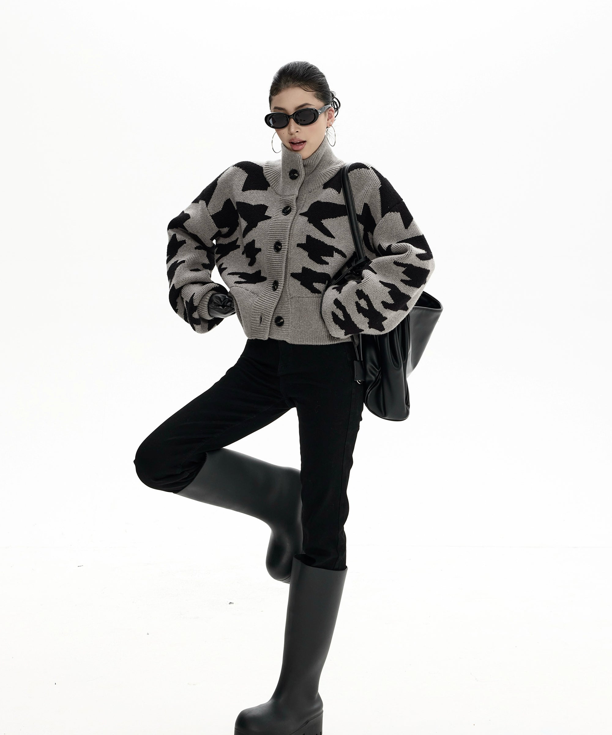 野生zero千鸟格短款开衫毛衣女秋冬2025新款美式复古立领上衣外套