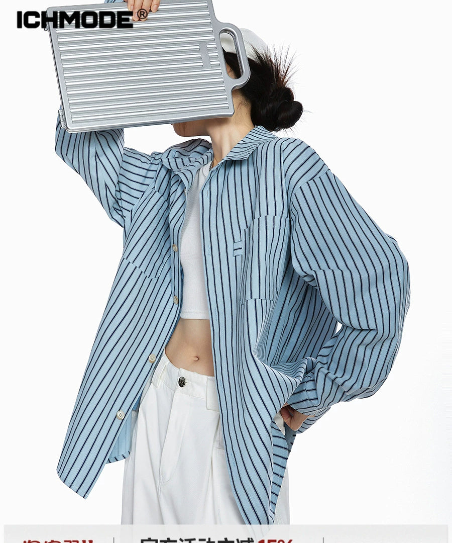 ICH MODE 美式复古条纹衬衫女夏季新款宽松慵懒蓝色衬衣外套上衣