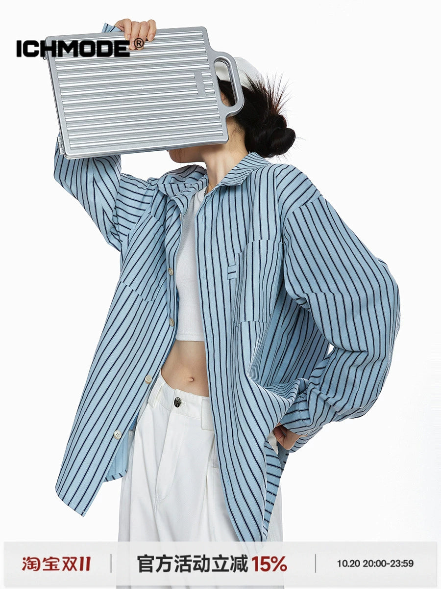 ICH MODE 美式复古条纹衬衫女夏季新款宽松慵懒蓝色衬衣外套上衣