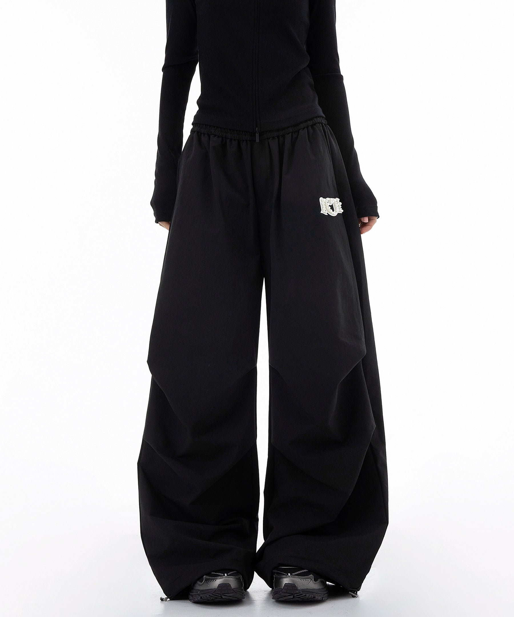 ICH MODE 美式复古珍珠休闲裤女宽松伞兵裤直筒裤阔腿弯刀运动裤