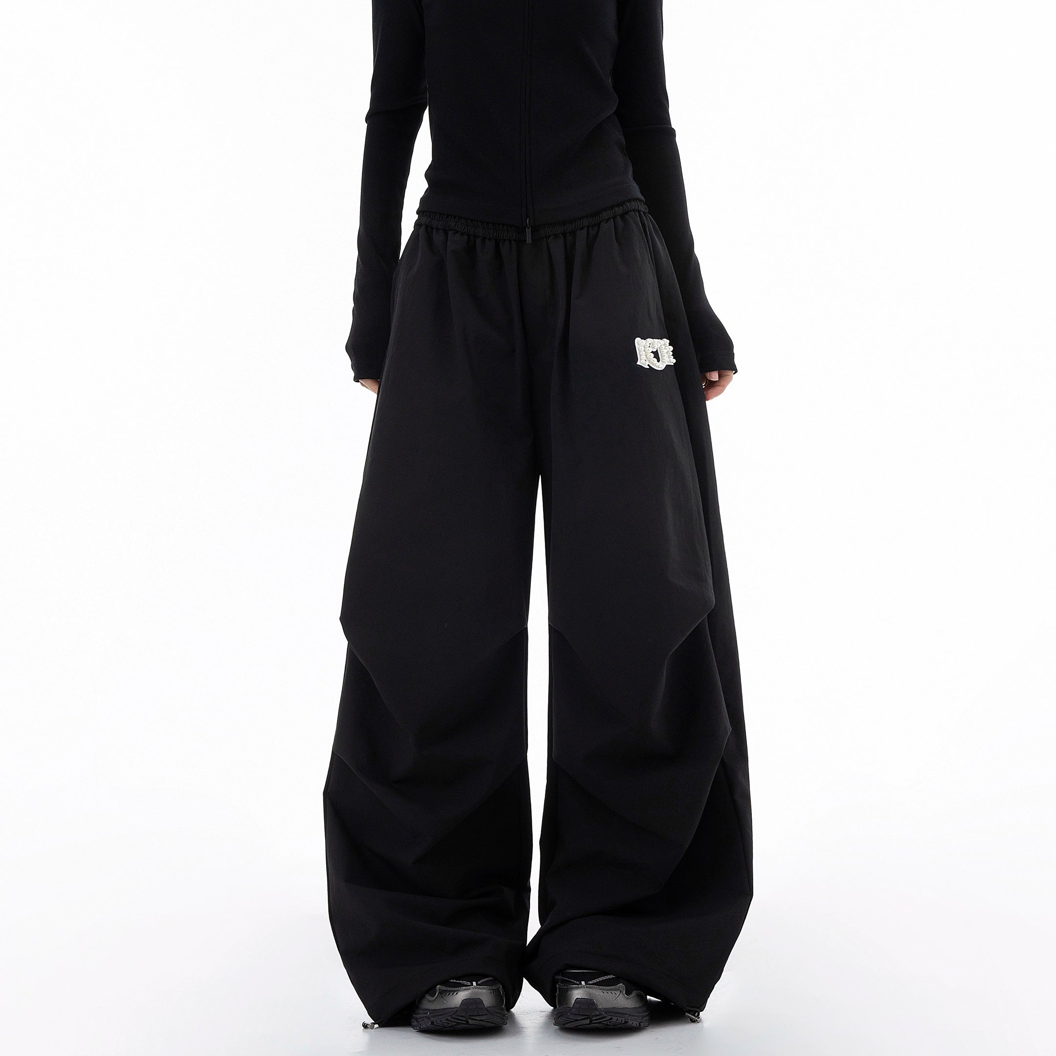 ICH MODE 美式复古珍珠休闲裤女宽松伞兵裤直筒裤阔腿弯刀运动裤