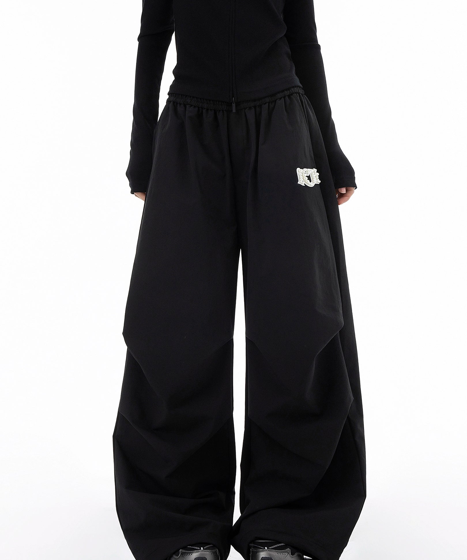 ICH MODE 美式复古珍珠休闲裤女宽松伞兵裤直筒裤阔腿弯刀运动裤