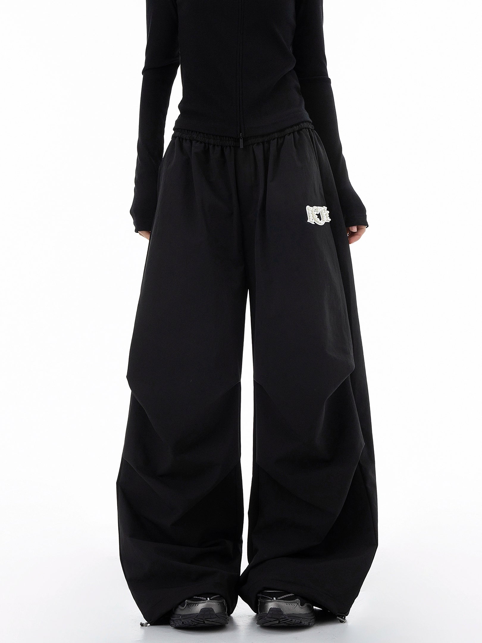 ICH MODE 美式复古珍珠休闲裤女宽松伞兵裤直筒裤阔腿弯刀运动裤