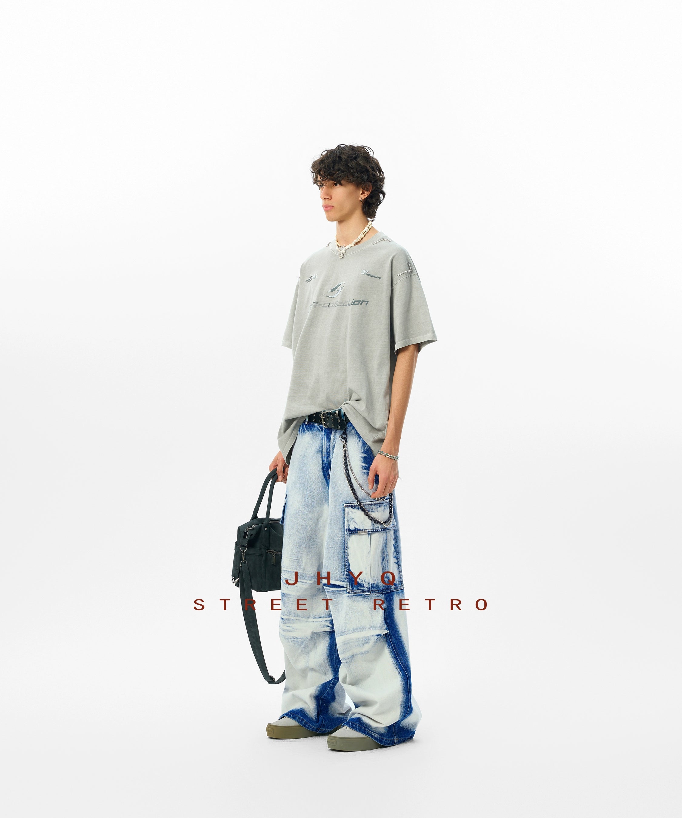 【水洗系列】JHYQ美式280g破坏字母印花钉珠短袖t恤男宽松潮嘻哈