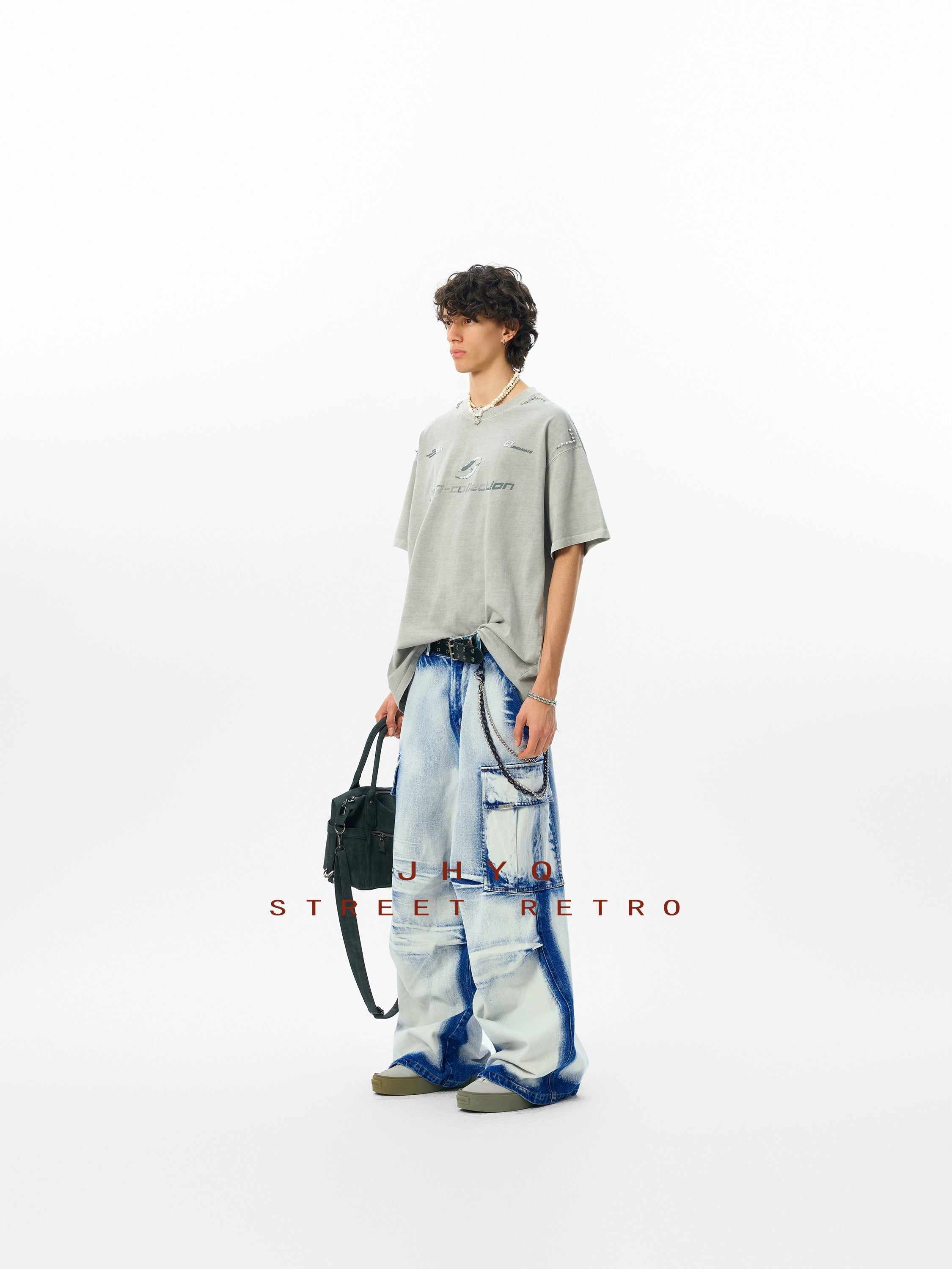 【水洗系列】JHYQ美式280g破坏字母印花钉珠短袖t恤男宽松潮嘻哈