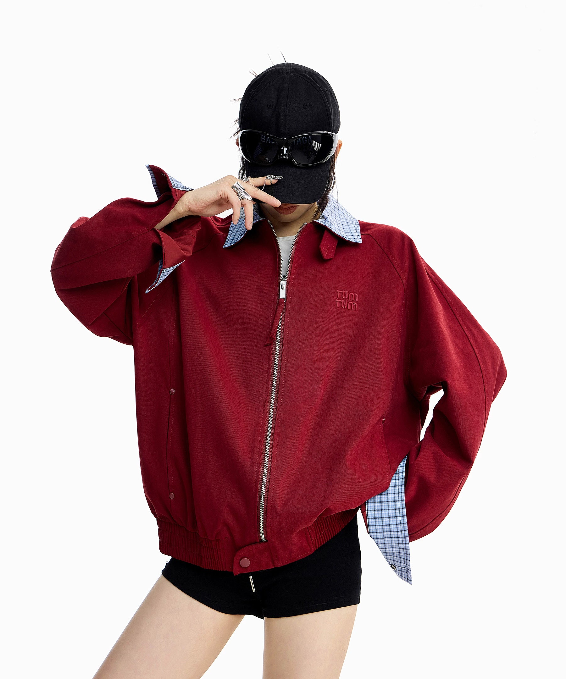 ICH MODE 美式复古格子拼接外套女秋冬宽松开衫夹克运动百搭上衣