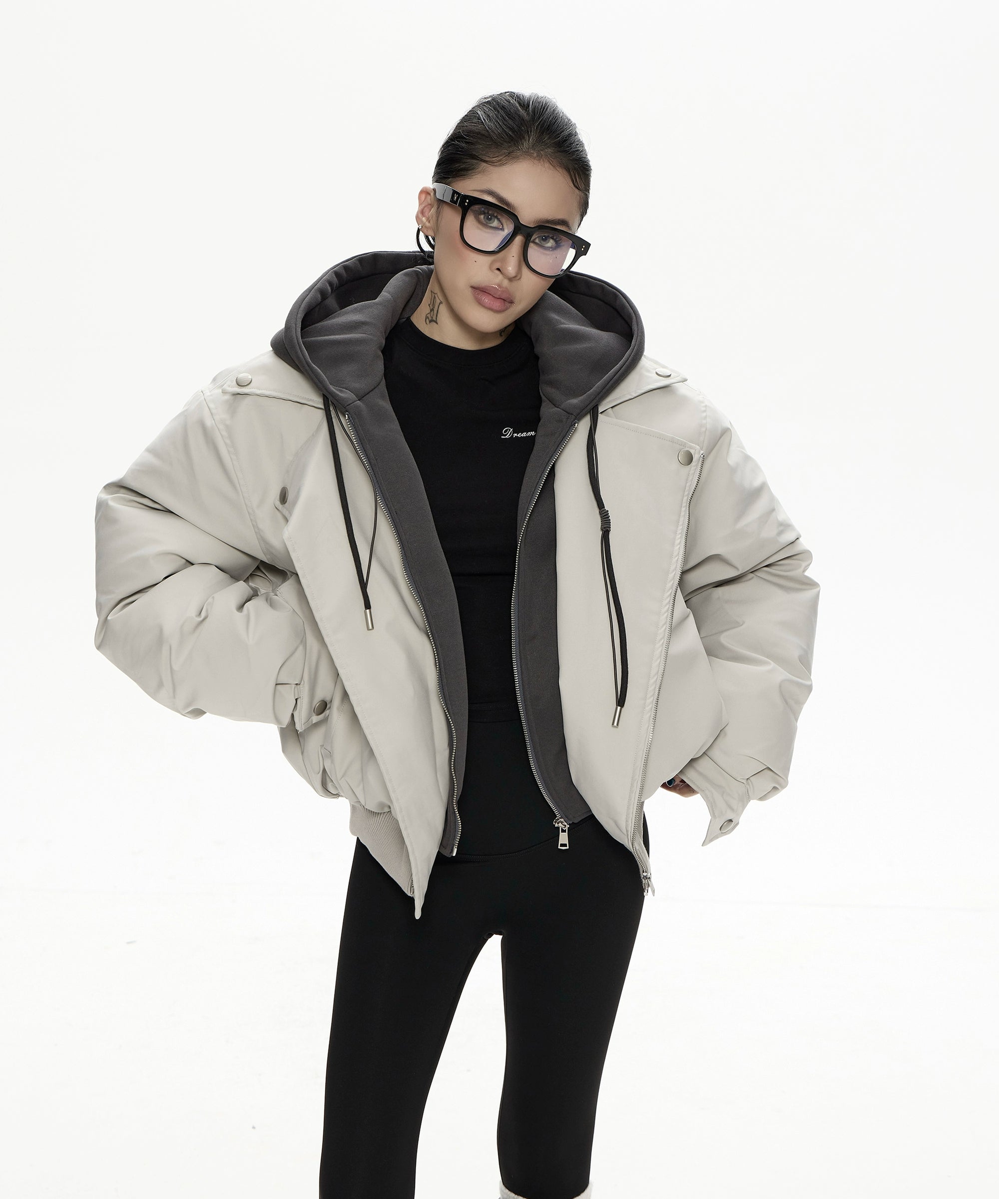 野生zero 假两件夹克棉服女秋冬新款设计感小众连帽宽松棉衣外套