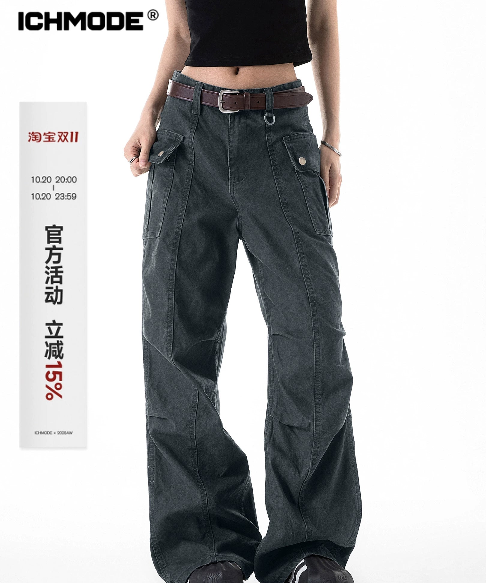 ICH MODE 美式复古口袋休闲裤女夏季宽松直筒工装裤流行阔腿裤子