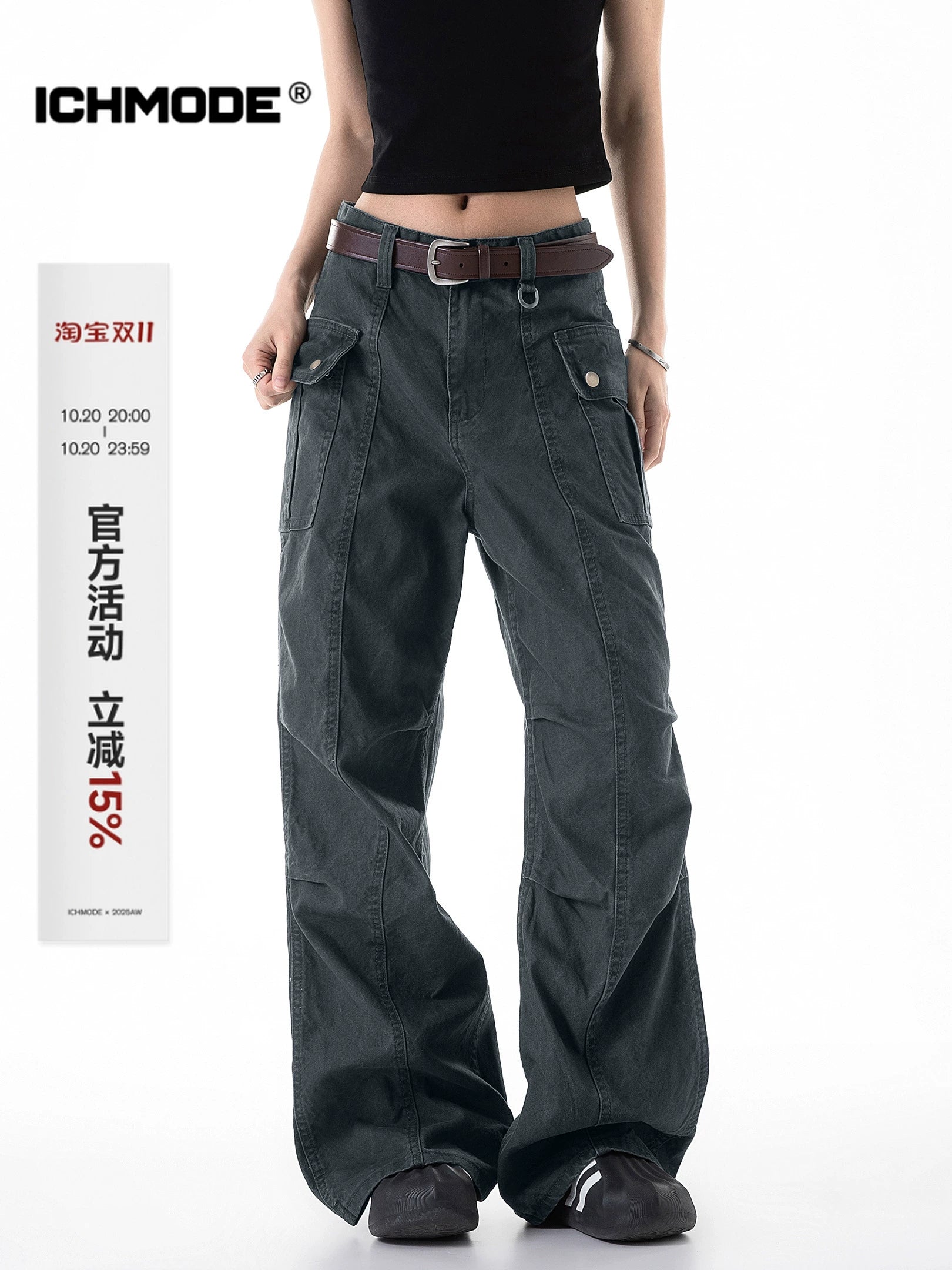 ICH MODE 美式复古口袋休闲裤女夏季宽松直筒工装裤流行阔腿裤子