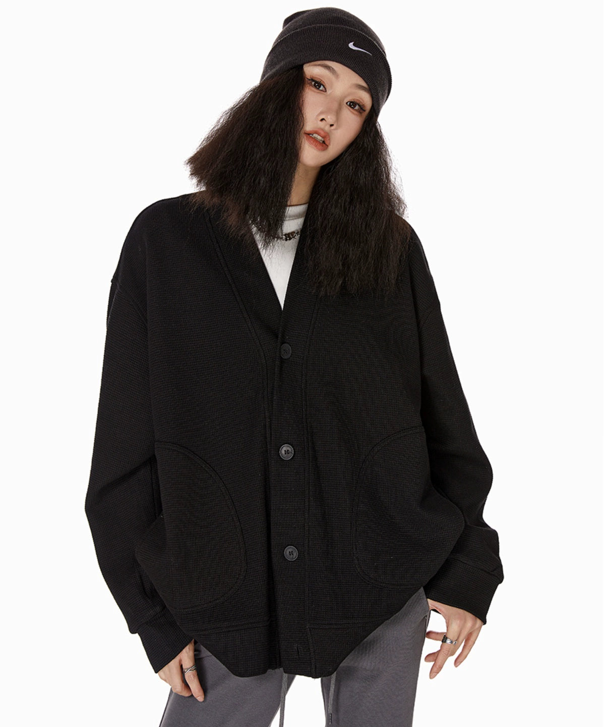 ICH MODE 慵懒风休闲卫衣开衫女复古街头高级质感华夫格外套夹克