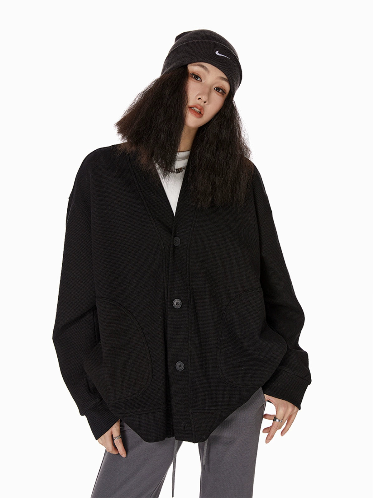 ICH MODE 慵懒风休闲卫衣开衫女复古街头高级质感华夫格外套夹克