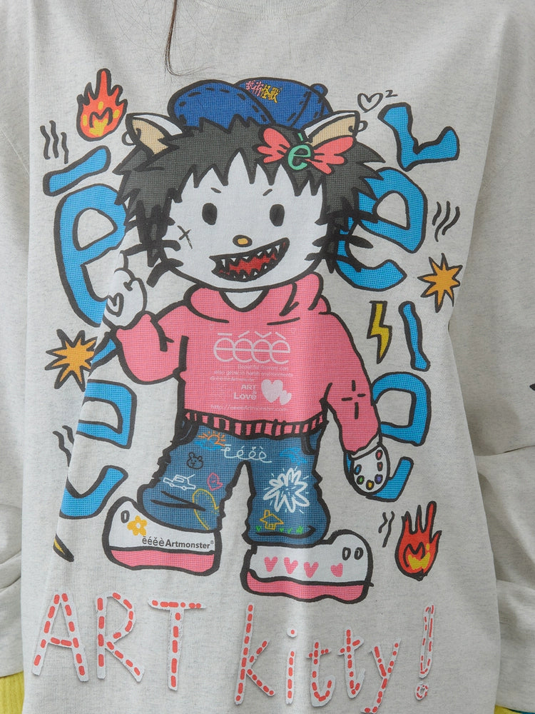 “艺术凯蒂”| eeee恶搞插画手绘涂鸦长袖T恤宽松潮流卫衣打底衫