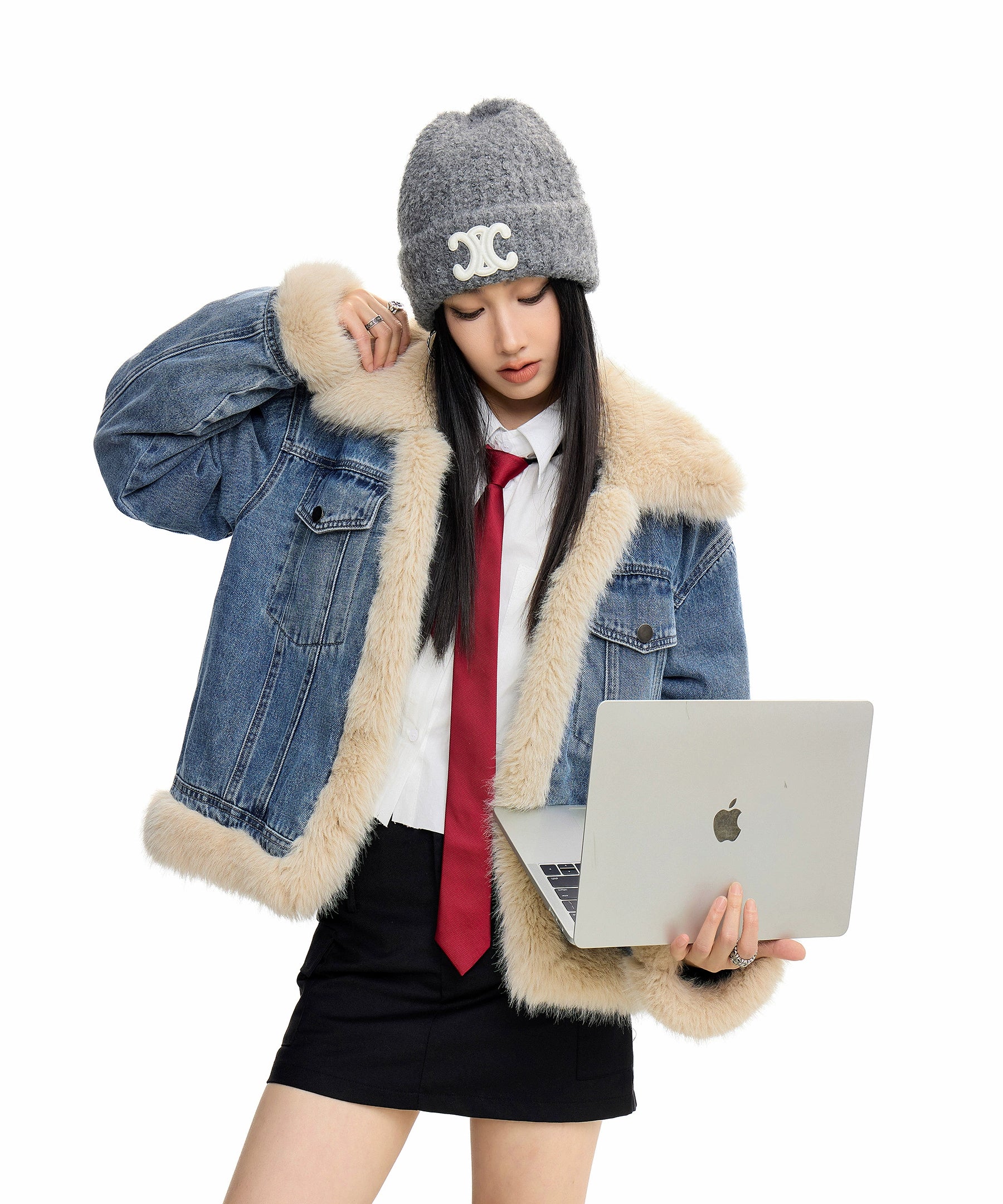 ICH MODE 美式复古毛领短款牛仔外套女秋冬季小香风夹克棉服上衣