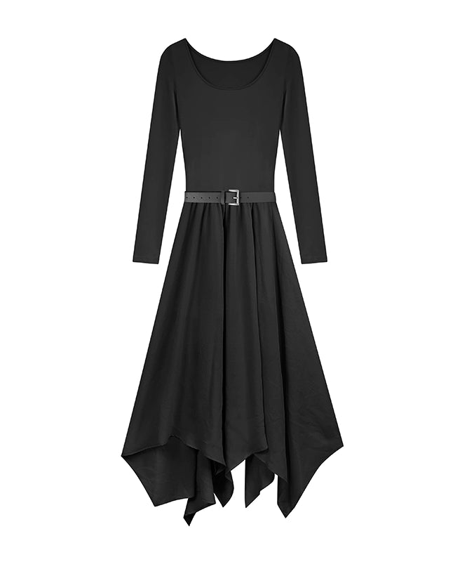 野生zerocircle 黑杏色a字长袖连衣裙女春秋辣妹显瘦修身收腰裙子