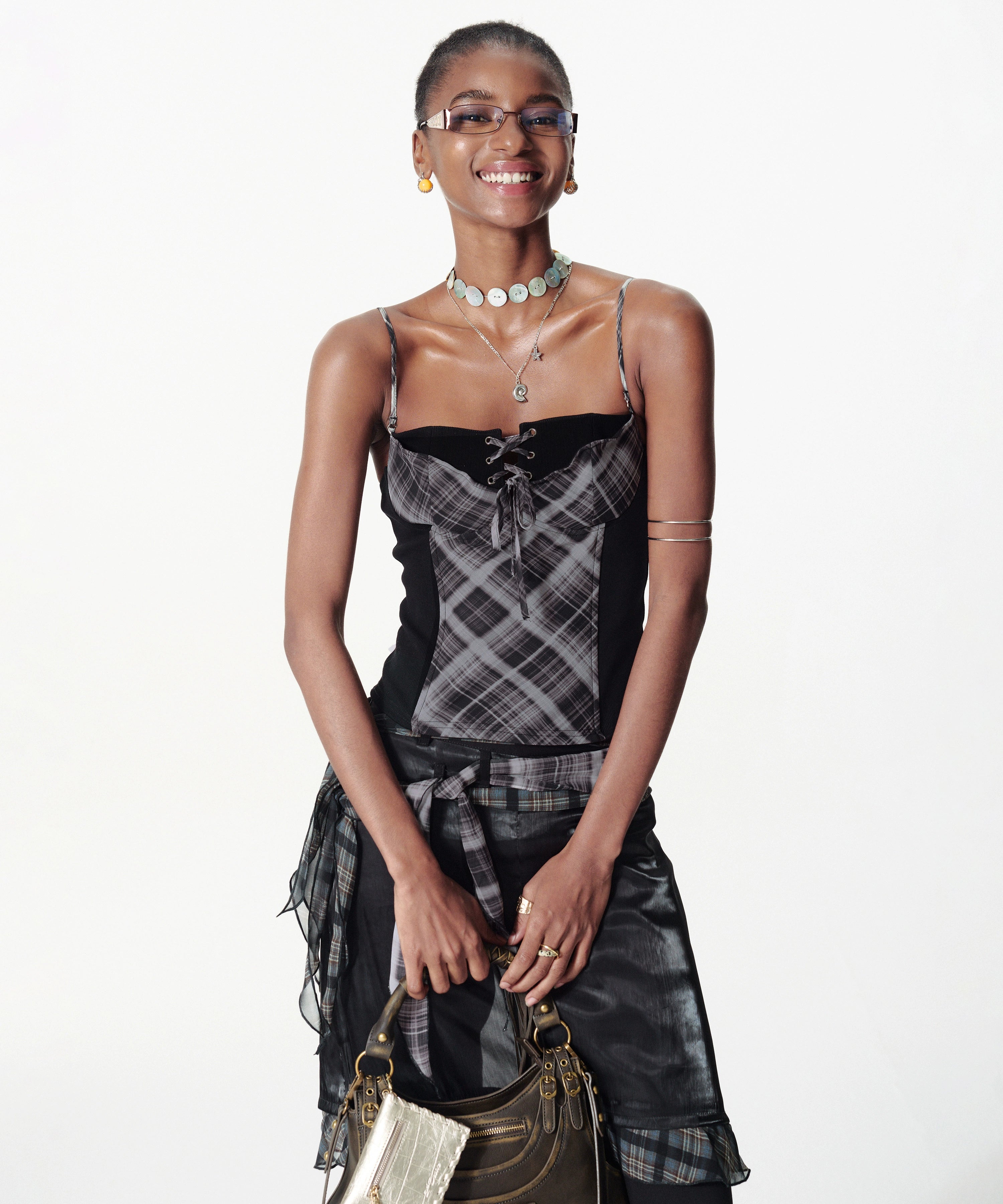 2th Desire复古手工铝丝格纹波点撞色露背绑带吊带背心无袖上衣女