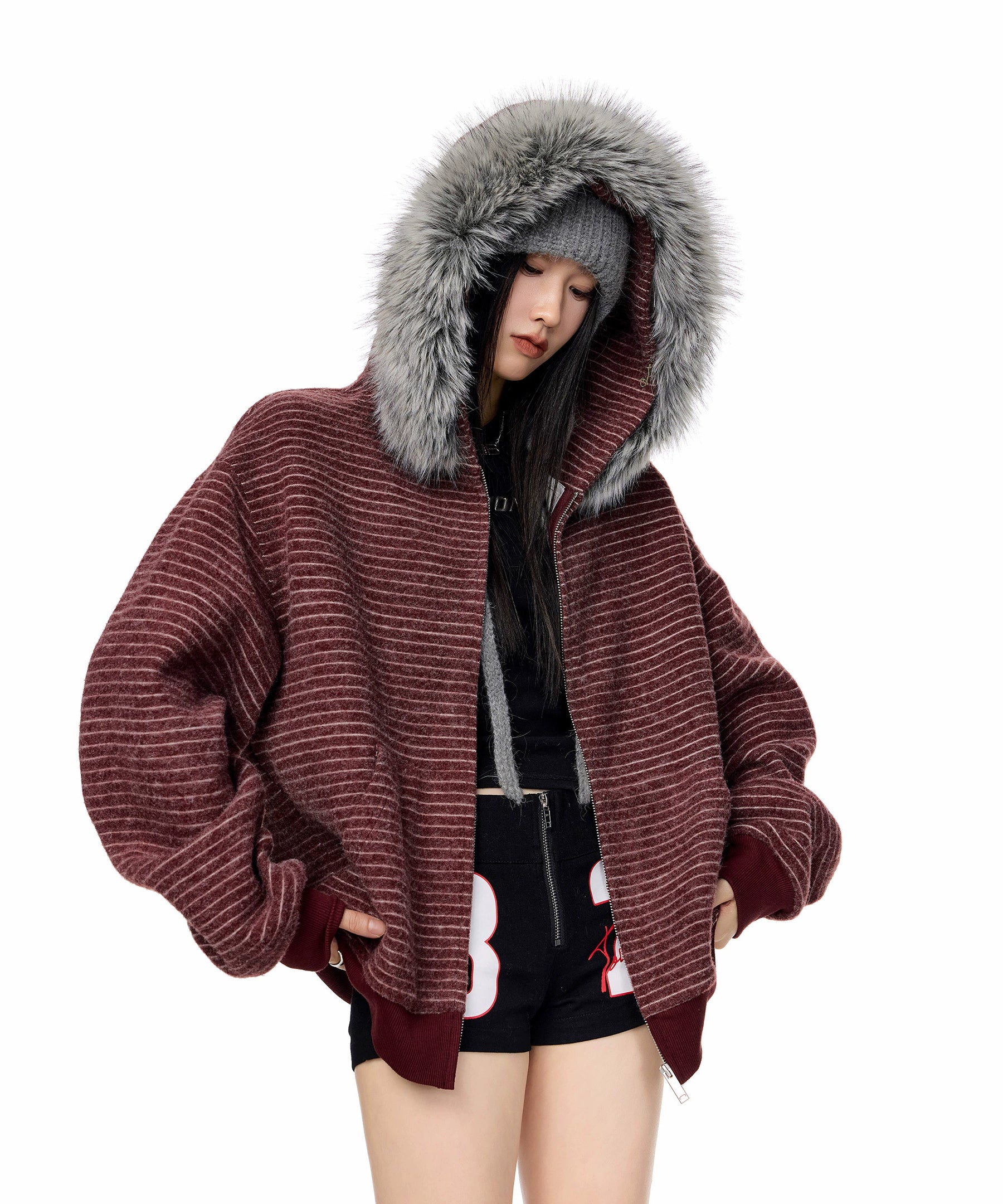 ICH MODE 美式复古毛领条纹连帽外套女秋冬宽松休闲卫衣开衫上衣