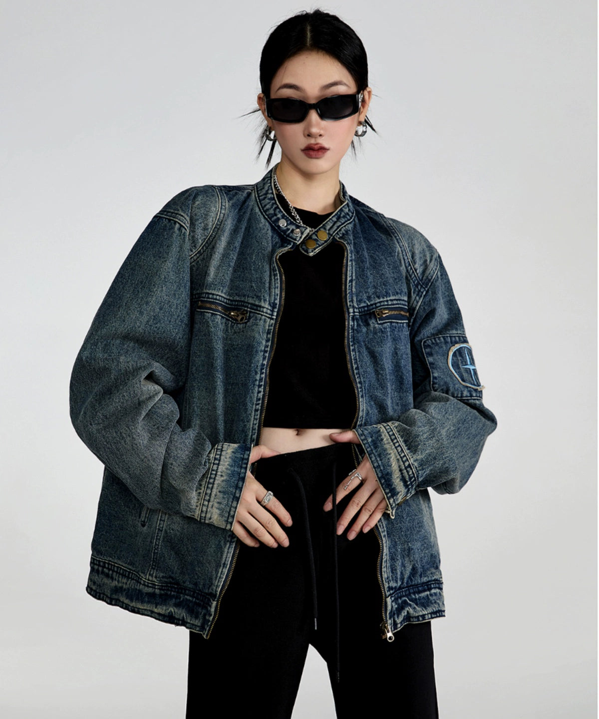 ICH MODE 美式复古做旧水洗牛仔外套女潮牌高街宽松休闲工装夹克