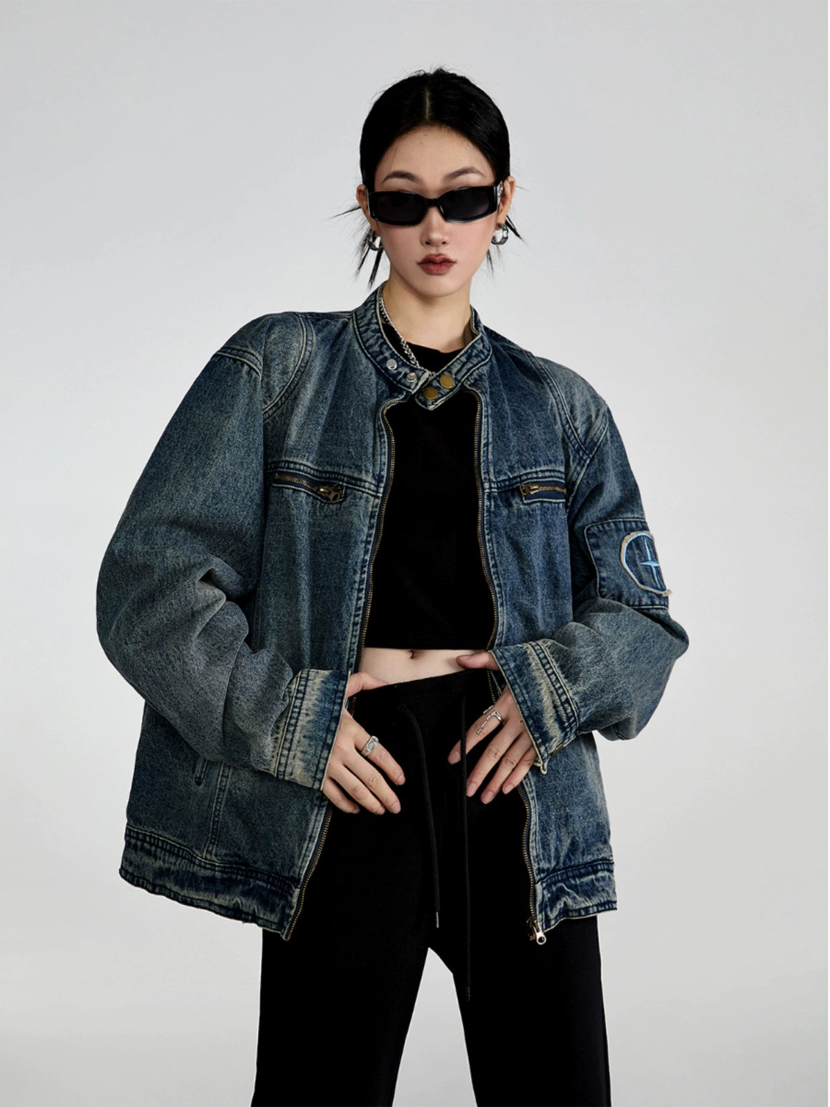 ICH MODE 美式复古做旧水洗牛仔外套女潮牌高街宽松休闲工装夹克