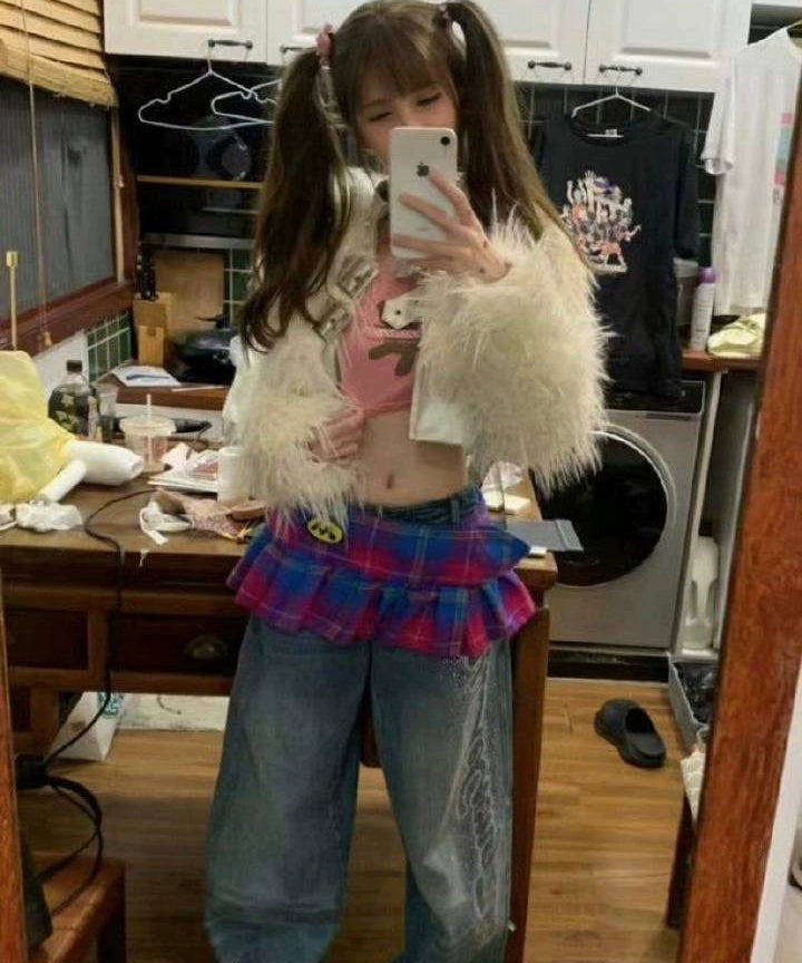 （晚安安）现货mowalola多文化辣妹格纹/皮裙  百褶裙 腰部可调节