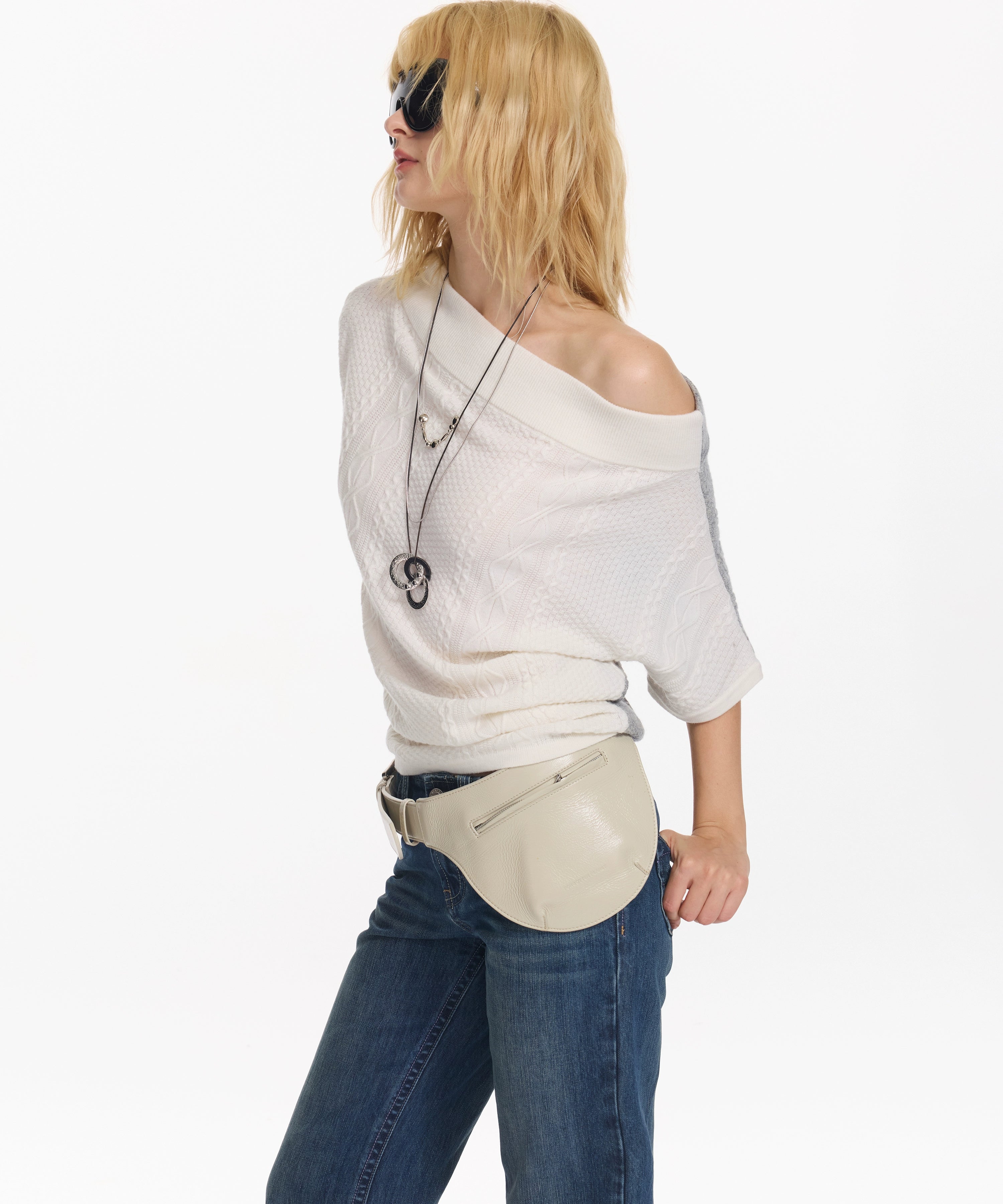 2th Desire 撞色斜肩宽松蝙蝠袖绞花设计感小众短袖外穿毛针织衫