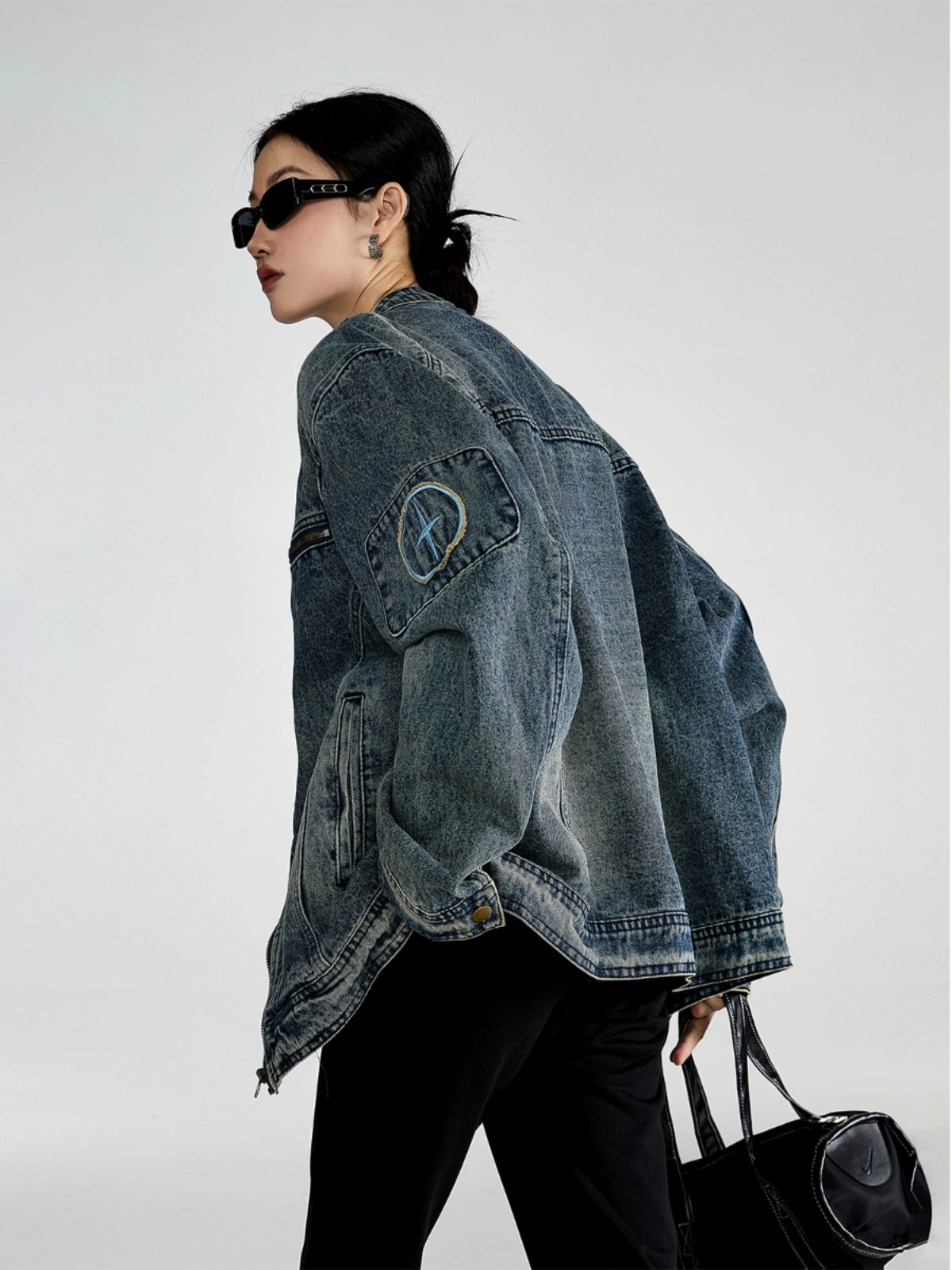 ICH MODE 美式复古做旧水洗牛仔外套女潮牌高街宽松休闲工装夹克