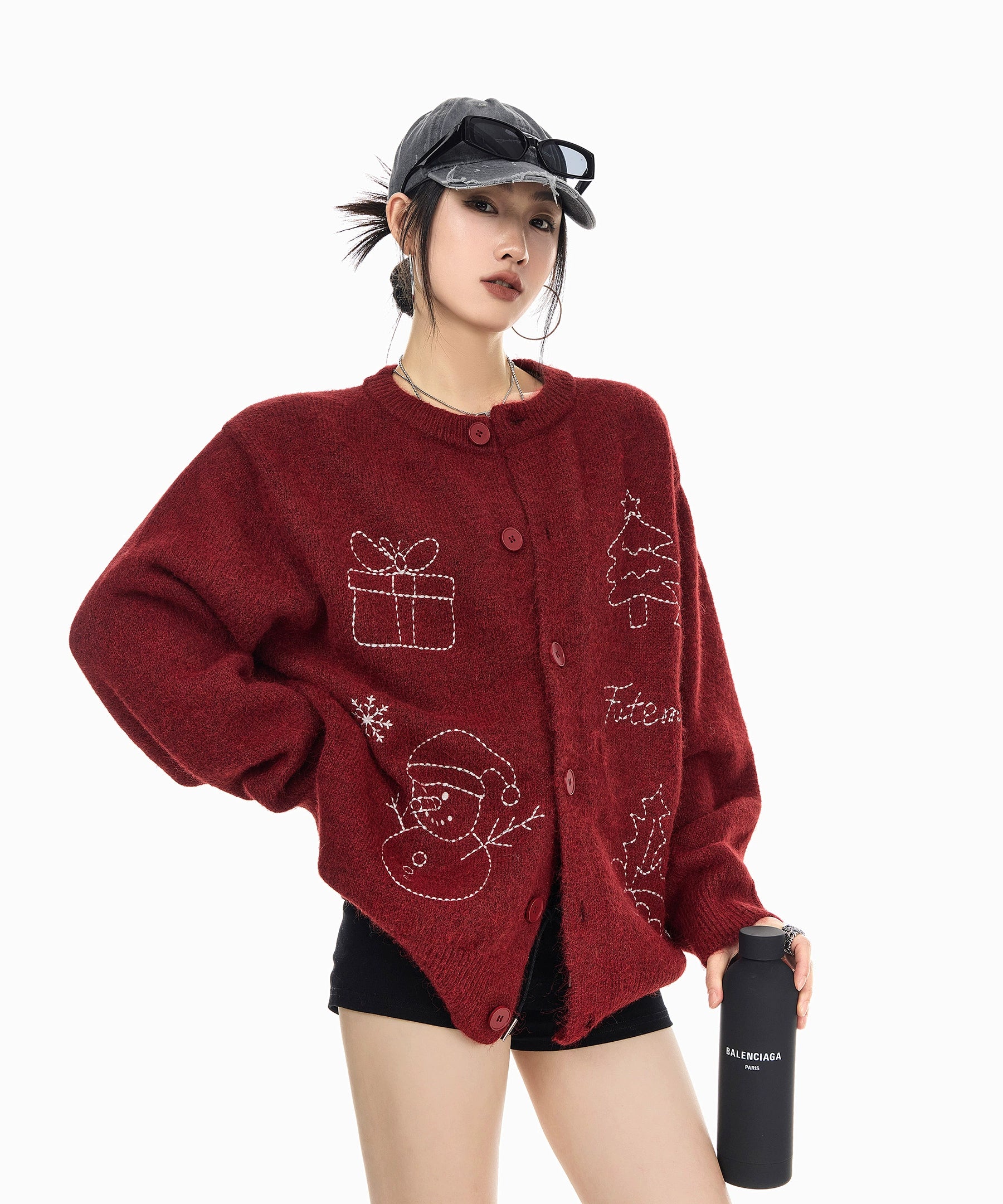 ICH MODE 美式复古圣诞针织毛衣开衫女2025新款秋冬休闲毛衣外套