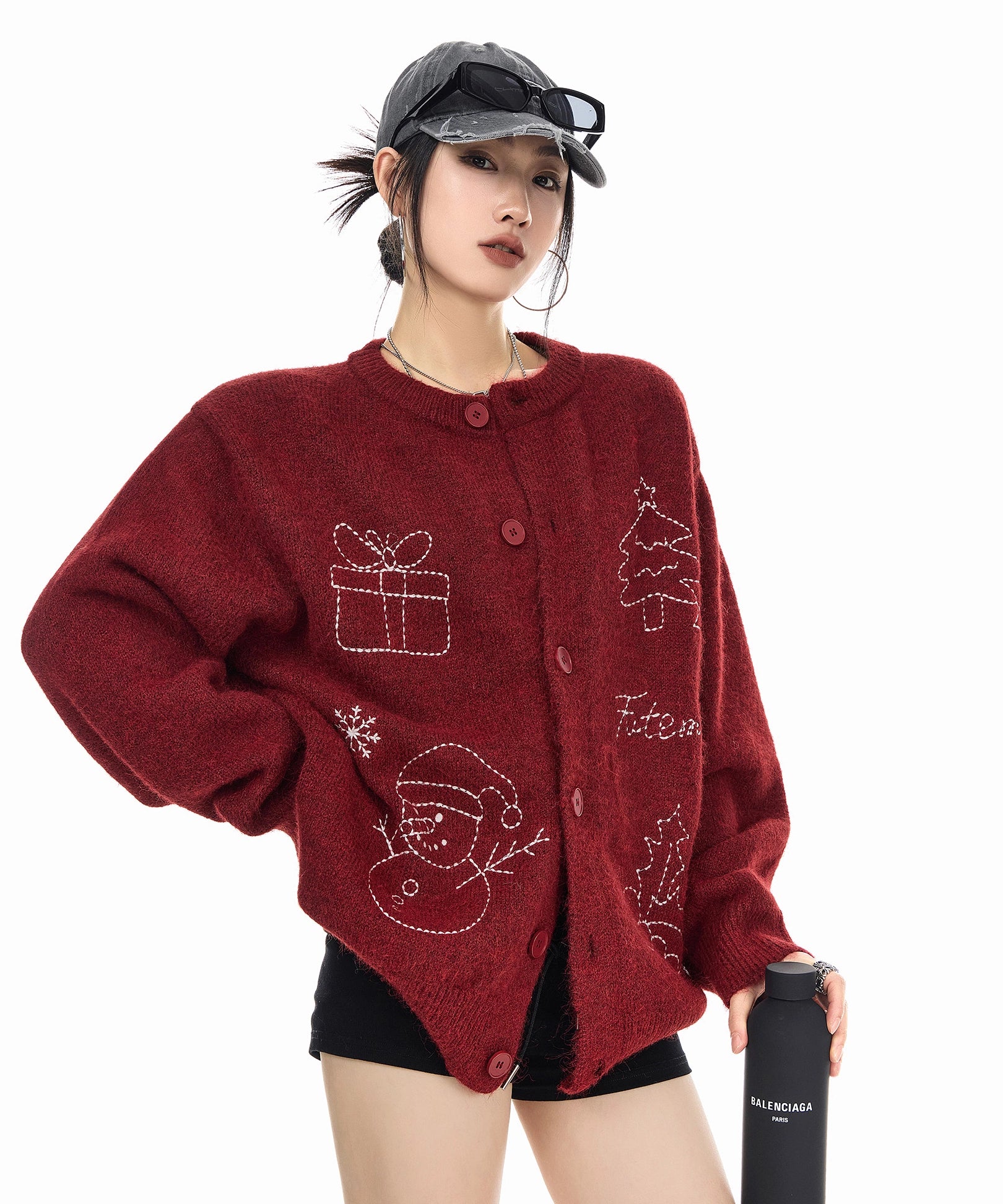 ICH MODE 美式复古圣诞针织毛衣开衫女2025新款秋冬休闲毛衣外套