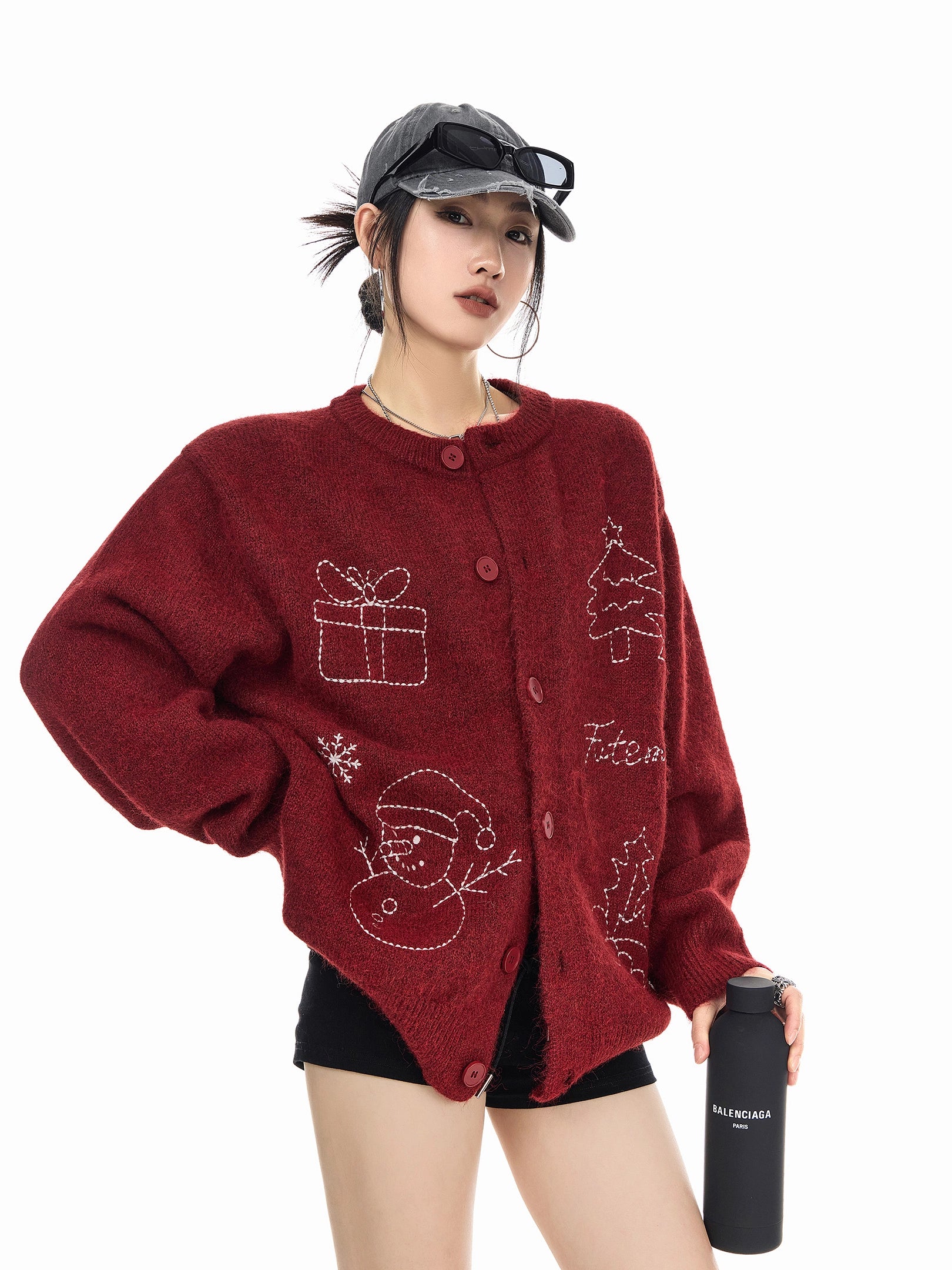 ICH MODE 美式复古圣诞针织毛衣开衫女2025新款秋冬休闲毛衣外套