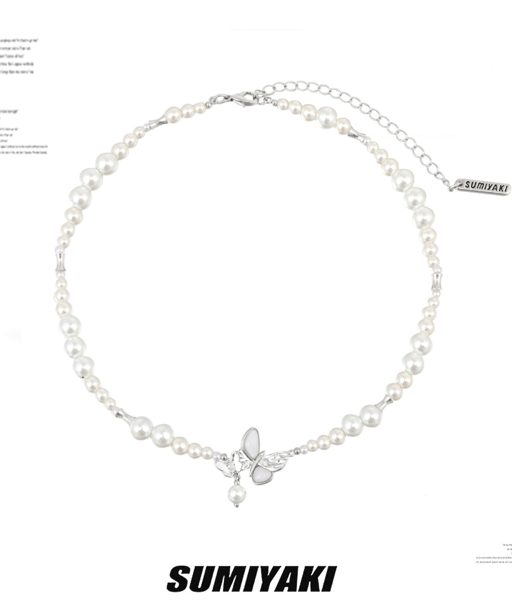 清冷感蝴蝶SUMIYAKI 双生贝母蝴蝶春夏珍珠项链女时尚精致锁骨链