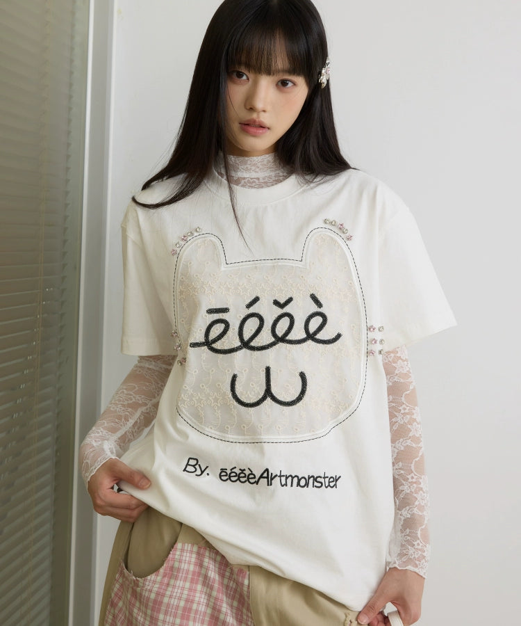 “芭蕾猫咪”｜eeee原创设计感蕾丝贴布绣T恤搞怪钻石猫咪短袖夏