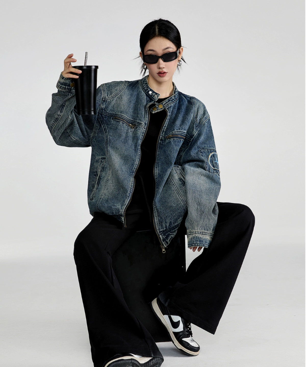 ICH MODE 美式复古做旧水洗牛仔外套女潮牌高街宽松休闲工装夹克