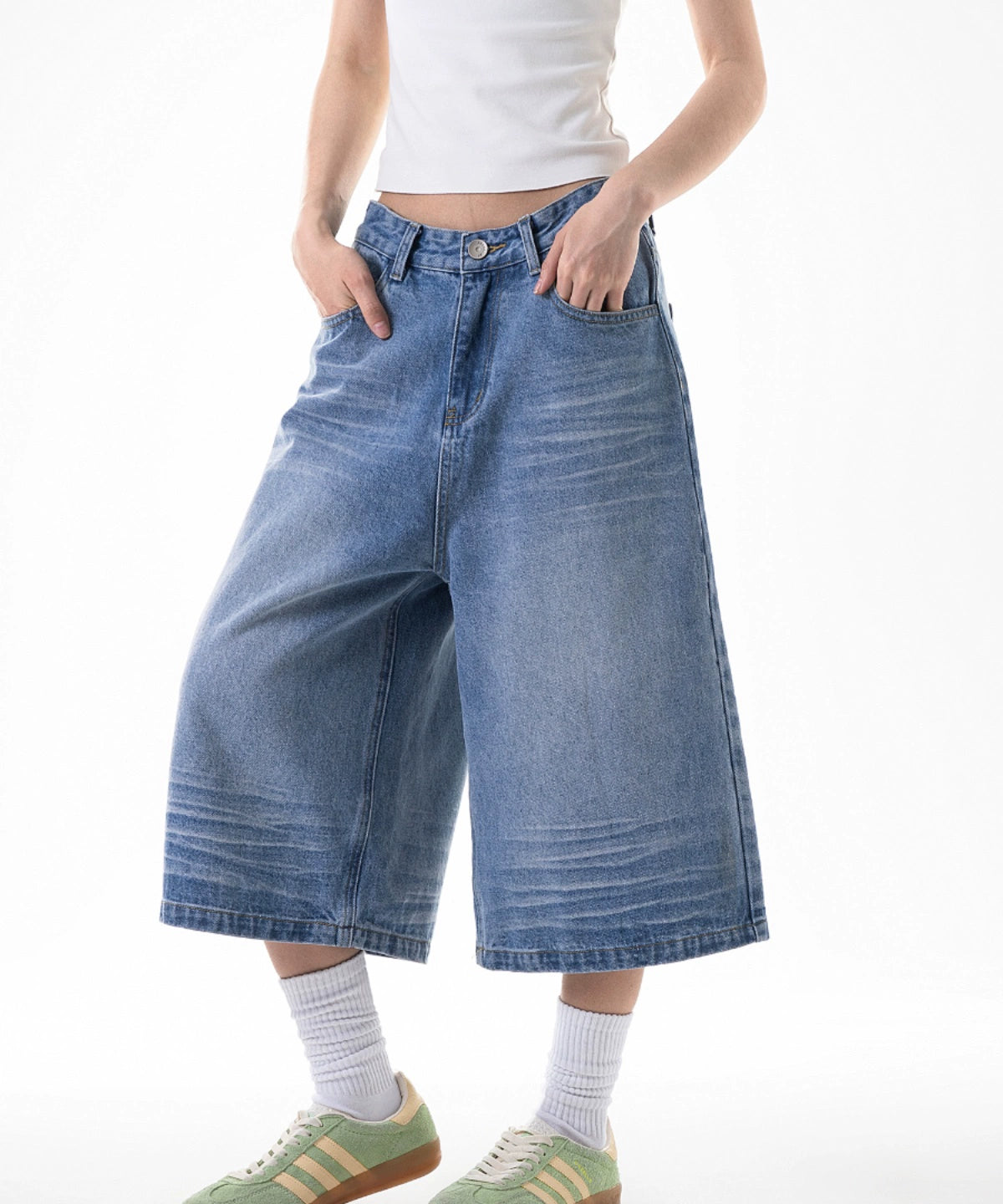 ICH MODE 美式七分裤牛仔裤女夏季宽松直筒工装休闲阔腿裤中短裤