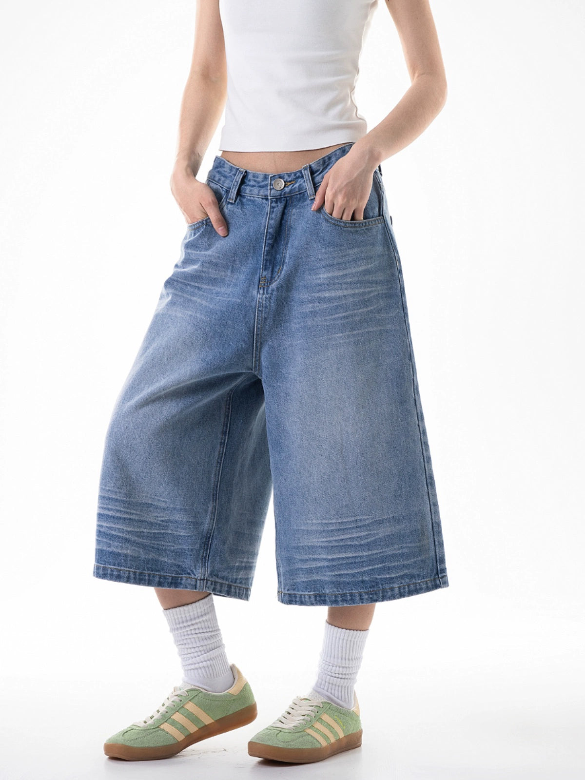 ICH MODE 美式七分裤牛仔裤女夏季宽松直筒工装休闲阔腿裤中短裤