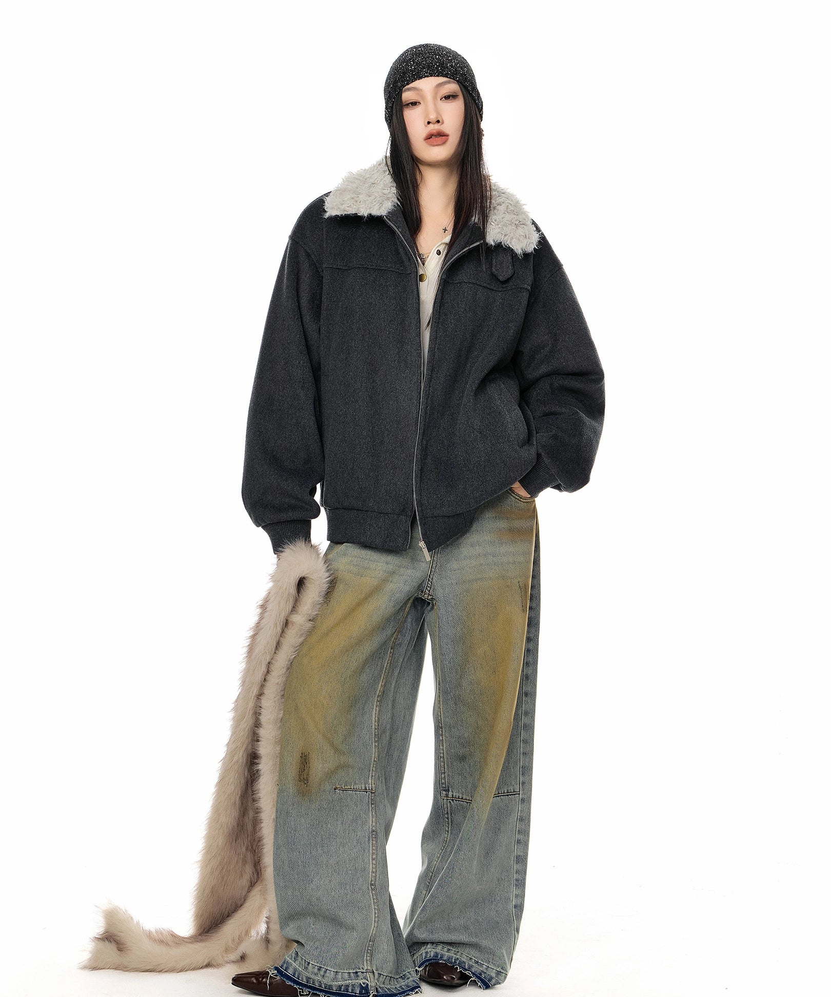 ICH MODE 美式复古毛领翻领棉服女2025新款冬季宽松防寒棉衣外套