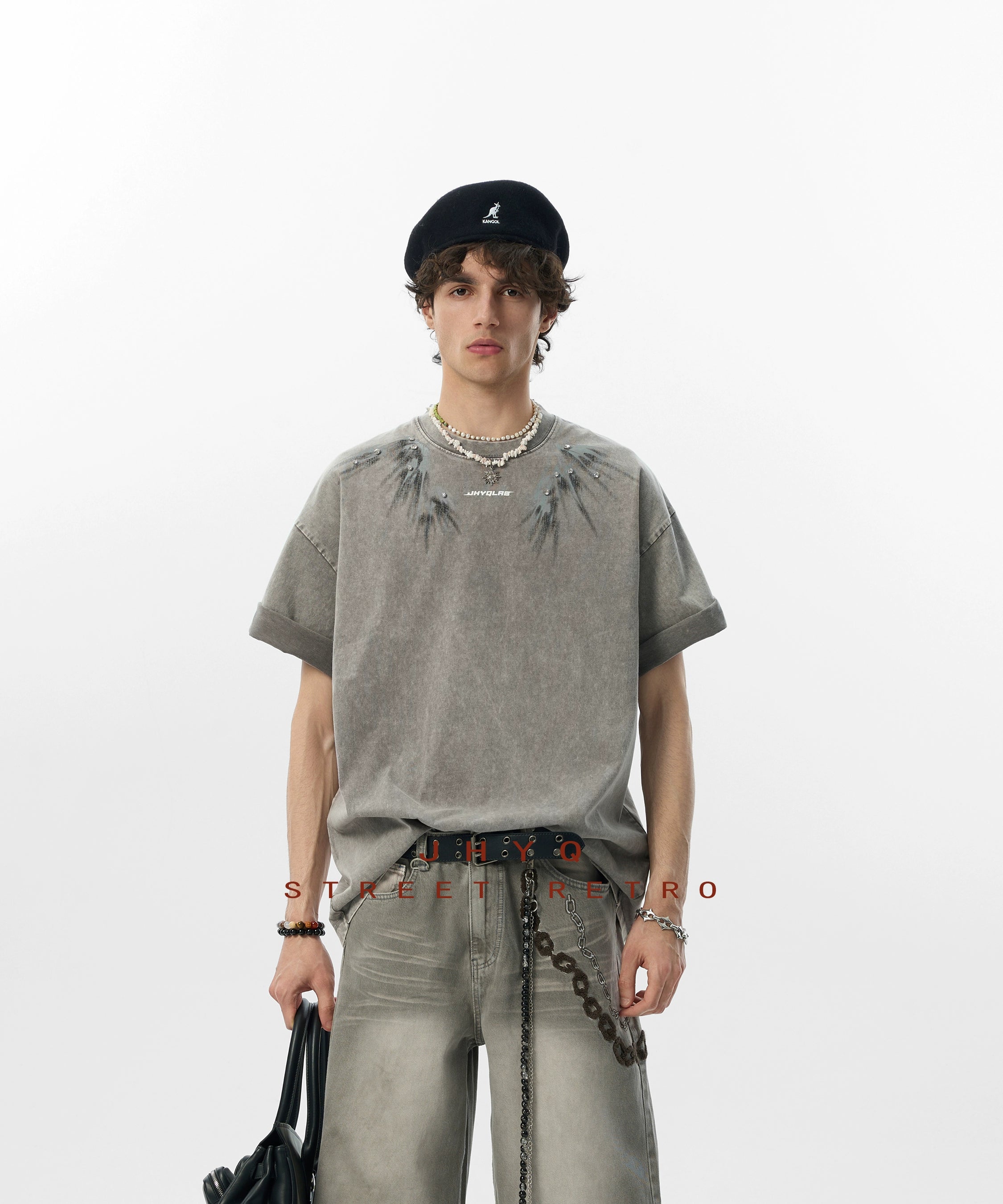 【燕尾】JHYQ美式水洗做旧印花镶钻短袖T恤男宽松重磅圆领上衣夏