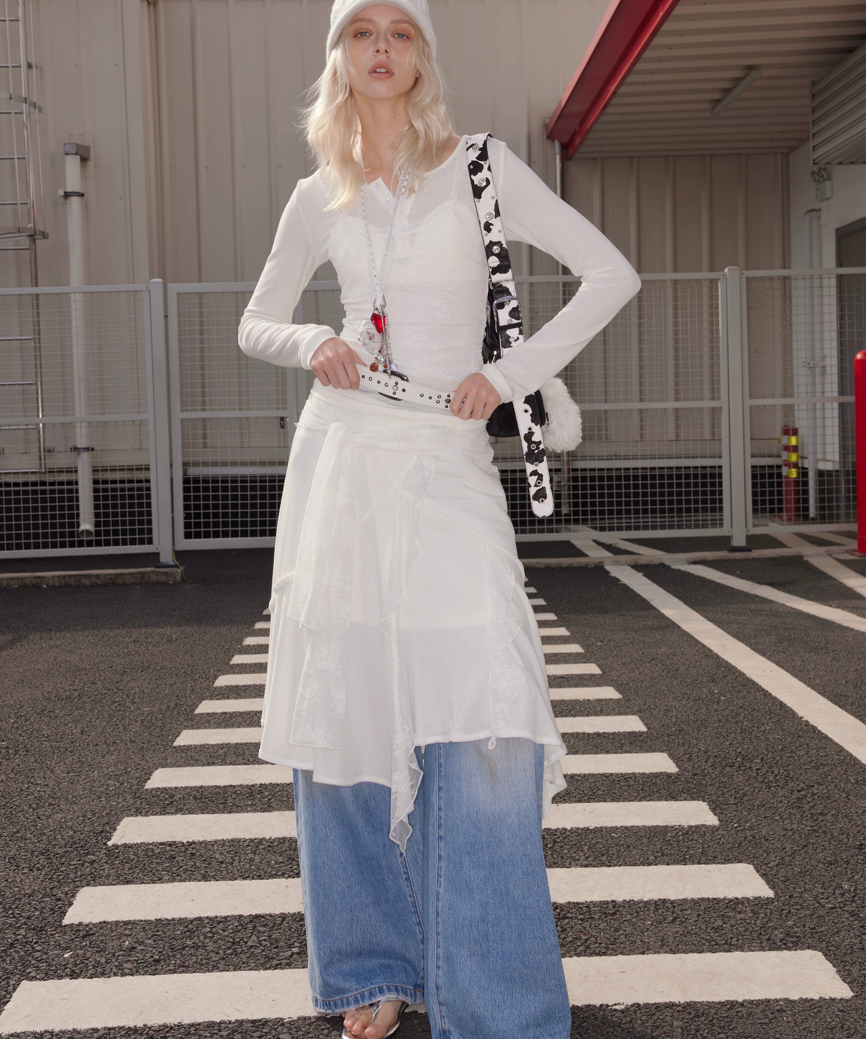 2th Desire羊毛蕾丝拼接绑带垂坠感不规则休闲慵懒显瘦针织半身裙