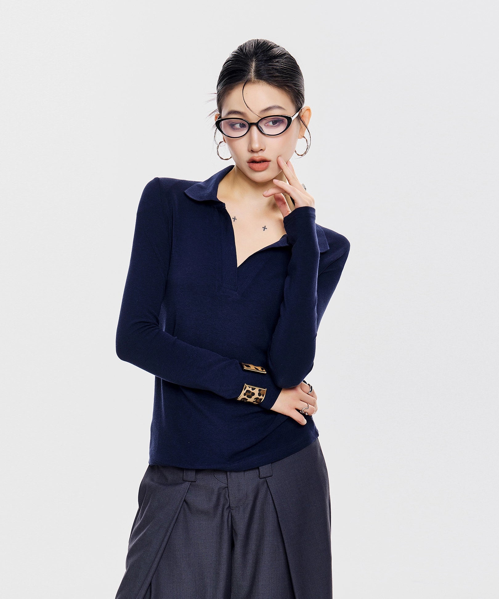 ICH MODE 美式复古POLO衫长袖T恤女秋冬新款修身正肩上衣2025新款