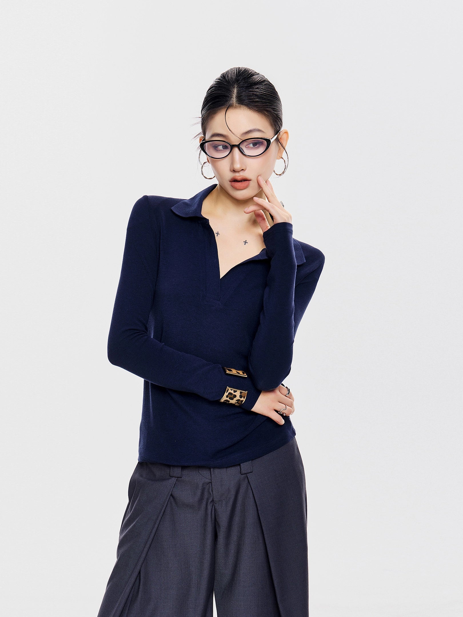 ICH MODE 美式复古POLO衫长袖T恤女秋冬新款修身正肩上衣2025新款