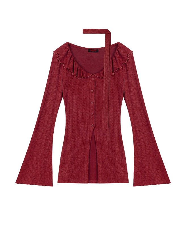 野生zero 红色针织套装女春夏修身显瘦喇叭袖上衣包臀半身裙子