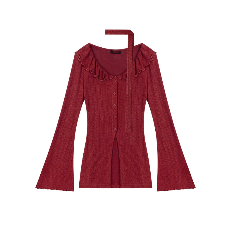 野生zero 红色针织套装女春夏修身显瘦喇叭袖上衣包臀半身裙子