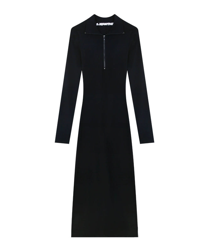 野生zerocircle黑色针织辣妹连衣裙女春收腰紧身包臀开叉中长裙子