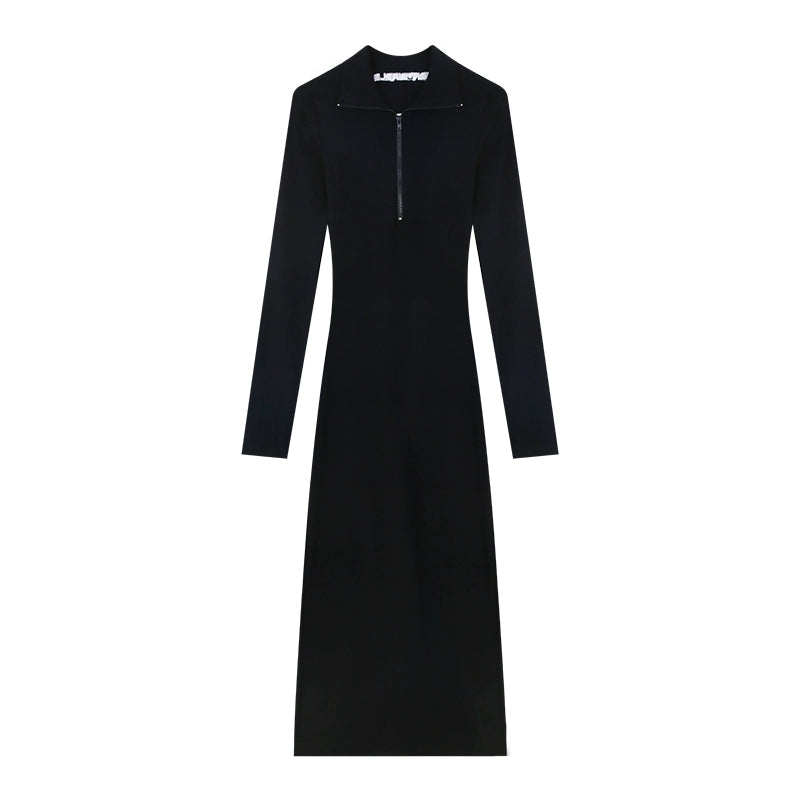 野生zerocircle黑色针织辣妹连衣裙女春收腰紧身包臀开叉中长裙子