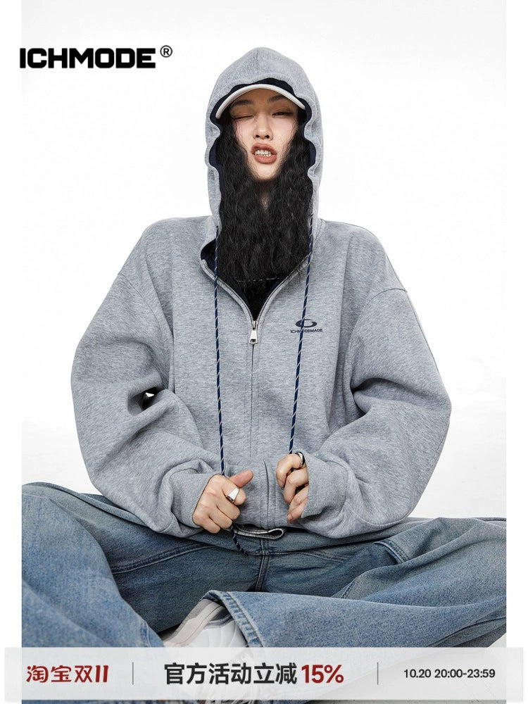 ICH MODE 美式复古拼色加绒连帽卫衣女秋冬开衫卫衣宽松休闲上衣