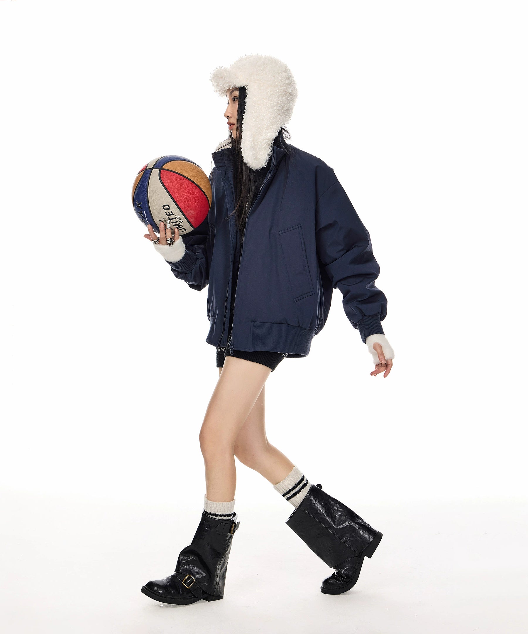 ICH MODE 美式90白鸭绒复古纯色立领羽绒服女冬季宽松外套保暖