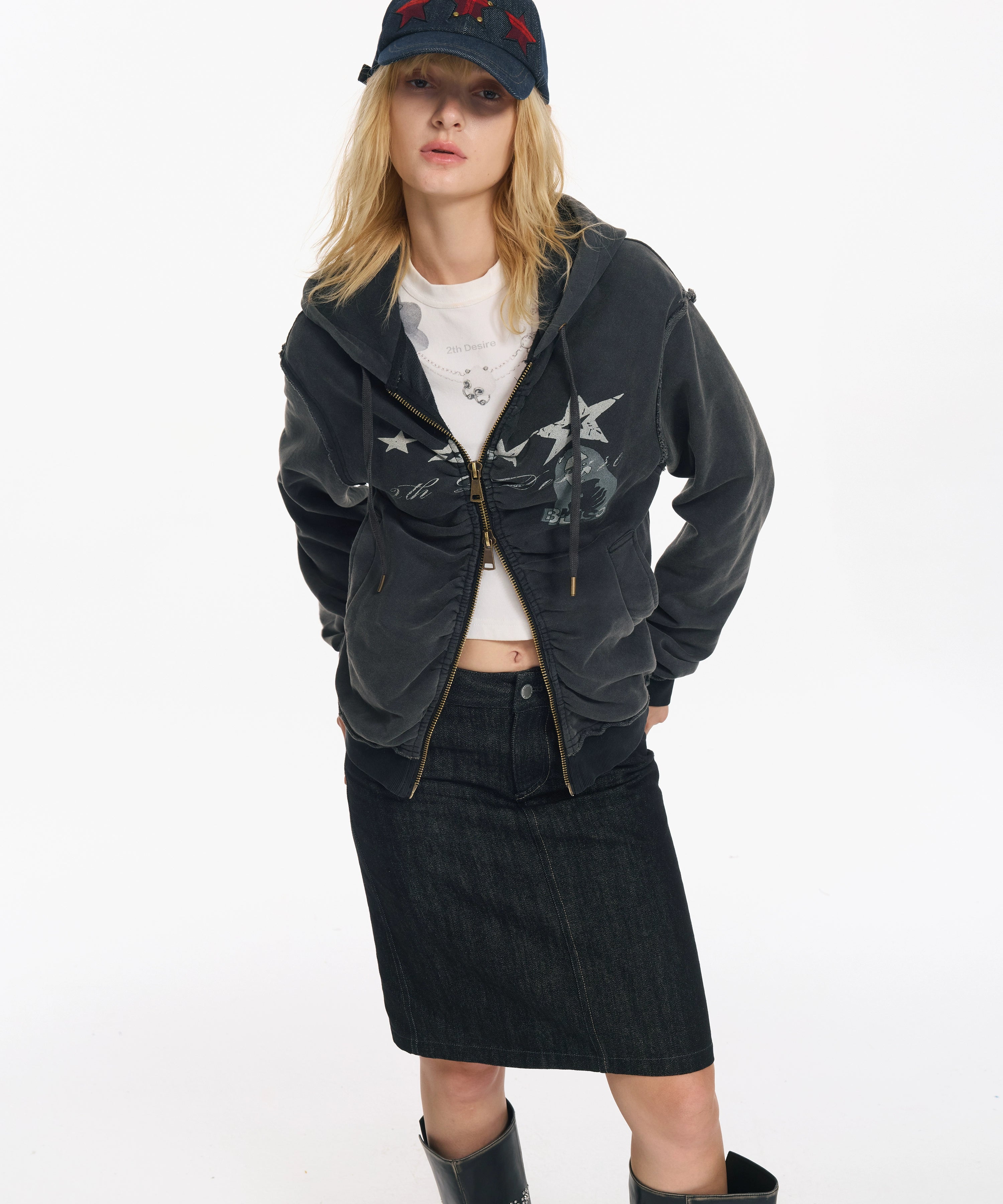 2th Desire美式复古做旧洗褪朋克开衫cleanfit连帽休闲卫衣外套女
