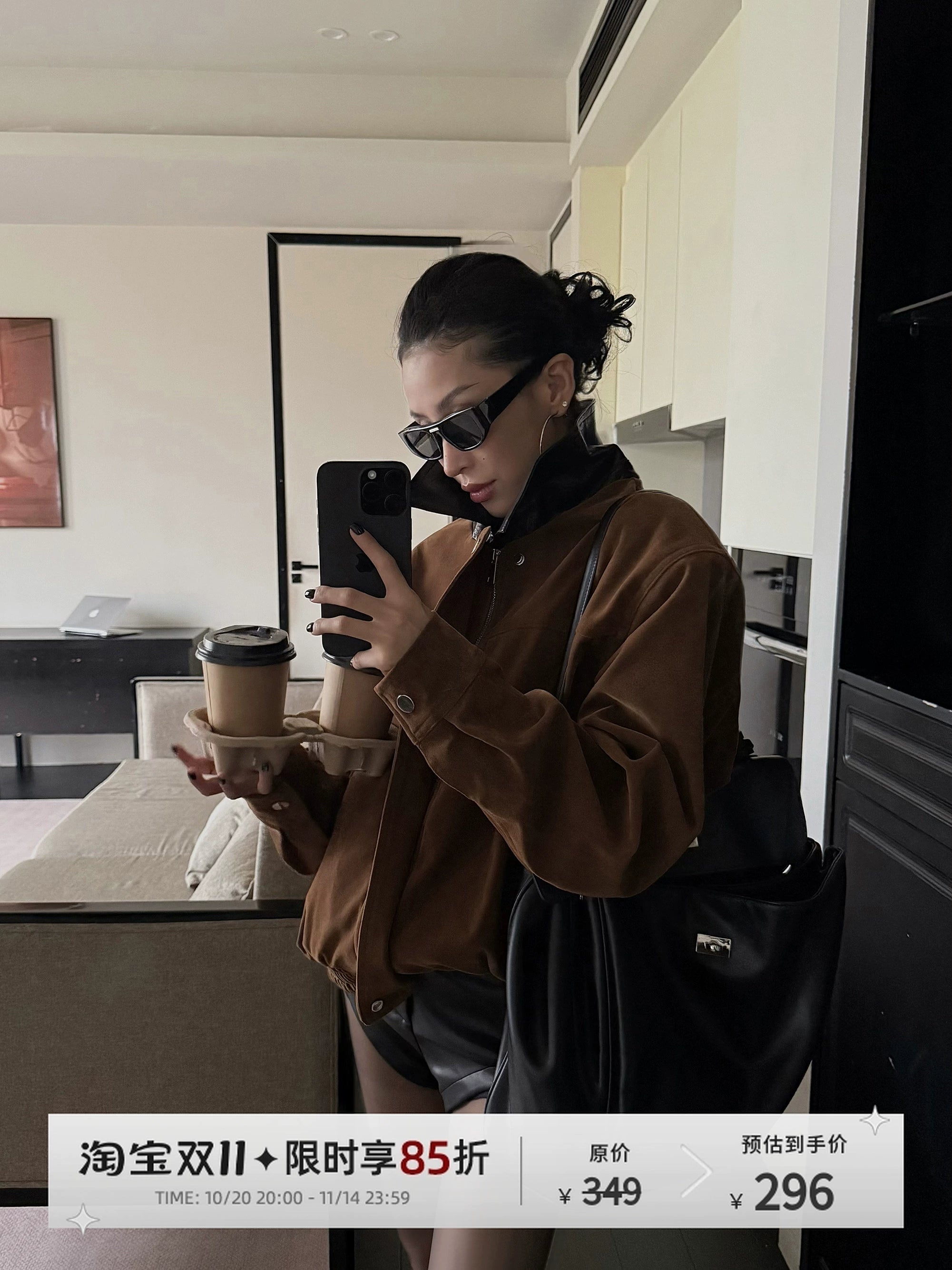 野生zero 拼色复古翻领皮衣女秋季新款美式短款宽松长袖夹克上衣