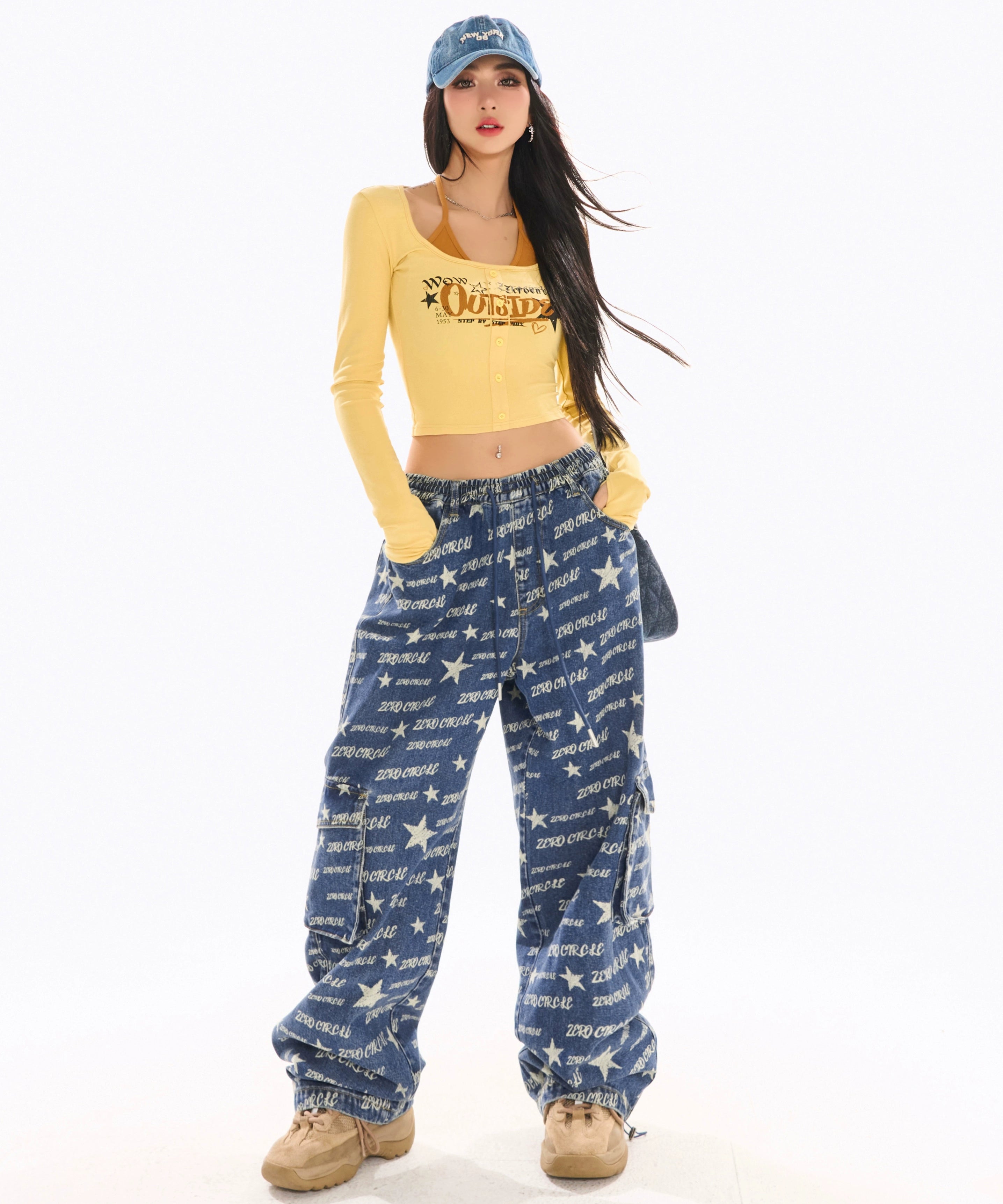 野生zerocircle印花松紧腰牛仔裤女春设计感显瘦宽松直筒阔腿裤子