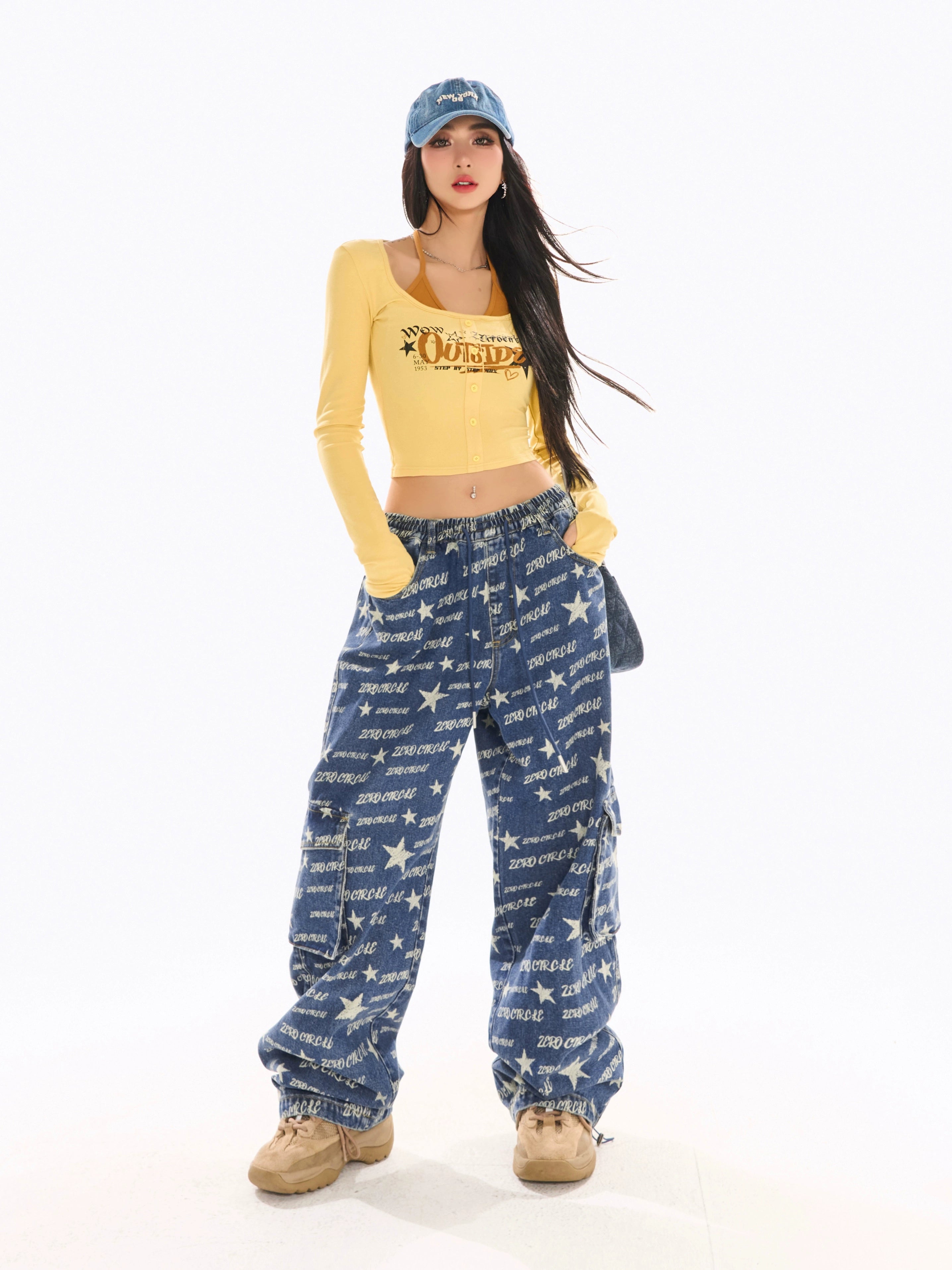 野生zerocircle印花松紧腰牛仔裤女春设计感显瘦宽松直筒阔腿裤子
